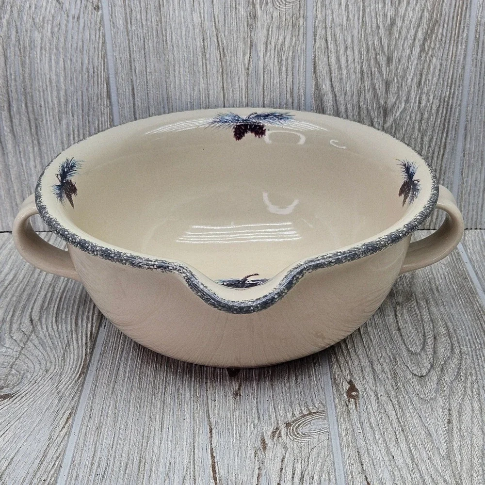 Home & Garden Party Stoneware Batter Bowl Pine Cone Spout Double Handle 2005